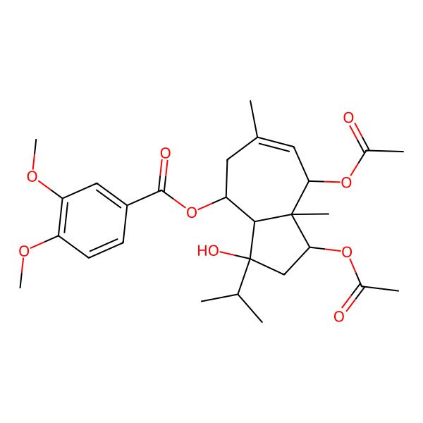 2D Structure of (1,8-Diacetyloxy-3-hydroxy-6,8a-dimethyl-3-propan-2-yl-1,2,3a,4,5,8-hexahydroazulen-4-yl) 3,4-dimethoxybenzoate 2D Structure of (1,8-Diacetyloxy-3-hydroxy-6,8a-dimethyl-3-propan-2-yl-1,2,3a,4,5,8-hexahydroazulen-4-yl) 3,4-dimethoxybenzoate
