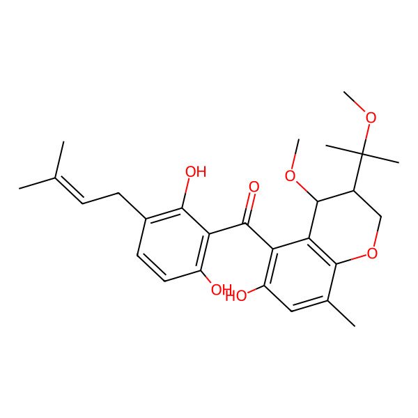 2D Structure of [2,6-dihydroxy-3-(3-methylbut-2-enyl)phenyl]-[6-hydroxy-4-methoxy-3-(2-methoxypropan-2-yl)-8-methyl-3,4-dihydro-2H-chromen-5-yl]methanone