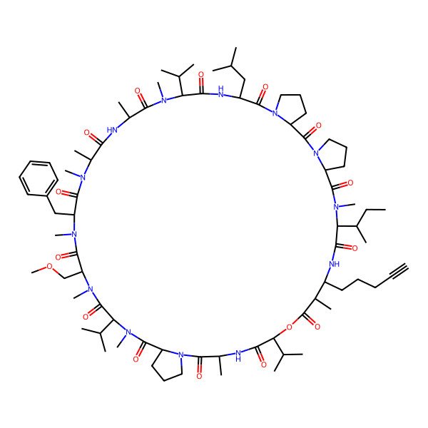 2D Structure of (1S,7S,10S,17S,20S,26S,29S,32S,35S,38R,41S,44S,47S)-35-benzyl-10-[(2S)-butan-2-yl]-32-(methoxymethyl)-9,14,20,28,31,34,37,38,41,43-decamethyl-47-(2-methylpropyl)-13-pent-4-ynyl-17,29,44-tri(propan-2-yl)-16-oxa-3,9,12,19,22,28,31,34,37,40,43,46,49-tridecazatetracyclo[47.3.0.03,7.022,26]dopentacontane-2,8,11,15,18,21,27,30,33,36,39,42,45,48-tetradecone