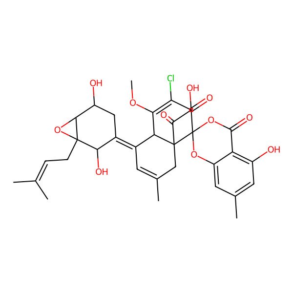 2D Structure of 3'-Chloro-5'-[2,5-dihydroxy-1-(3-methylbut-2-enyl)-7-oxabicyclo[4.1.0]heptan-3-ylidene]-5-hydroxy-8'a-(2-hydroxyacetyl)-4'-methoxy-7,7'-dimethylspiro[1,3-benzodioxine-2,1'-4a,8-dihydronaphthalene]-2',4-dione