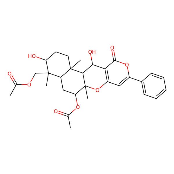 2D Structure of (9-Acetyloxy-5,18-dihydroxy-2,6,10-trimethyl-16-oxo-14-phenyl-11,15-dioxatetracyclo[8.8.0.02,7.012,17]octadeca-12(17),13-dien-6-yl)methyl acetate