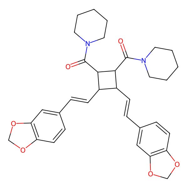 2D Structure of [(1S,2R,3R,4S)-2,3-bis[(E)-2-(1,3-benzodioxol-5-yl)ethenyl]-4-(piperidine-1-carbonyl)cyclobutyl]-piperidin-1-ylmethanone