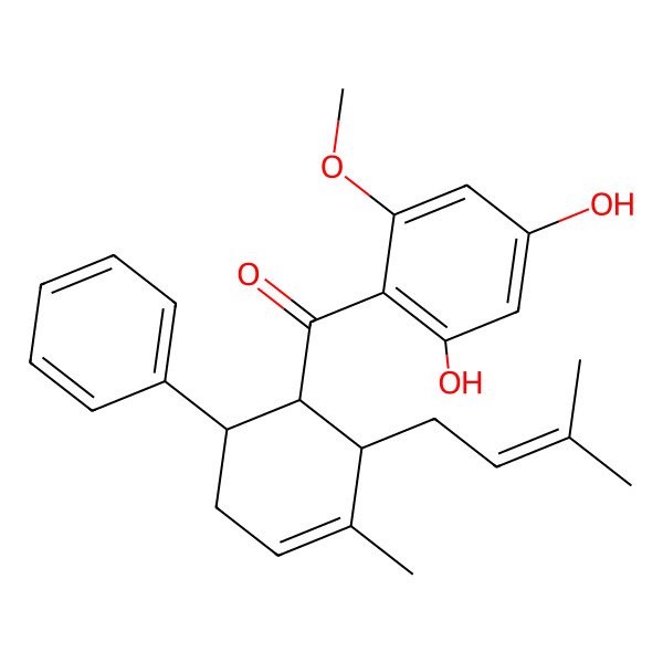 2D Structure of (2,4-dihydroxy-6-methoxyphenyl)-[(1S,2R,6S)-3-methyl-2-(3-methylbut-2-enyl)-6-phenylcyclohex-3-en-1-yl]methanone