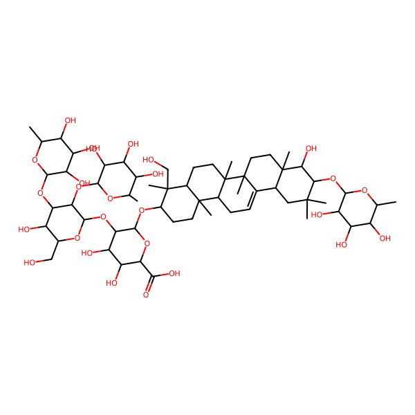 2D Structure of (2R,3S,4S,5R,6S)-6-[[(3S,4R,4aS,6aR,6bS,8aR,9R,10S,12aR,14aS,14bS)-9-hydroxy-4-(hydroxymethyl)-4,6a,6b,8a,11,11,14b-heptamethyl-10-[(2R,3S,4S,5S,6S)-3,4,5-trihydroxy-6-methyloxan-2-yl]oxy-1,2,3,4a,5,6,7,8,9,10,12,12a,14,14a-tetradecahydropicen-3-yl]oxy]-3,4-dihydroxy-5-[(2S,3S,4S,5R,6R)-5-hydroxy-6-(hydroxymethyl)-4-[(2R,3R,4S,5R,6S)-3,4,5-trihydroxy-6-methyloxan-2-yl]oxy-3-[(2R,3S,4R,5S,6R)-3,4,5-trihydroxy-6-methyloxan-2-yl]oxyoxan-2-yl]oxyoxane-2-carboxylic acid