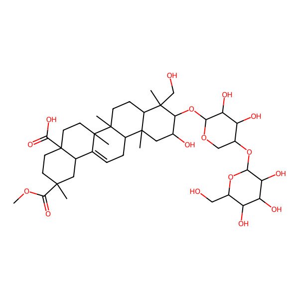 2D Structure of (2S,4aR,6aR,6aS,6bR,8aR,9R,10S,11R,12aR,14bS)-10-[(2S,3R,4R,5R)-3,4-dihydroxy-5-[(2S,3R,4S,5S,6R)-3,4,5-trihydroxy-6-(hydroxymethyl)oxan-2-yl]oxyoxan-2-yl]oxy-11-hydroxy-9-(hydroxymethyl)-2-methoxycarbonyl-2,6a,6b,9,12a-pentamethyl-1,3,4,5,6,6a,7,8,8a,10,11,12,13,14b-tetradecahydropicene-4a-carboxylic acid
