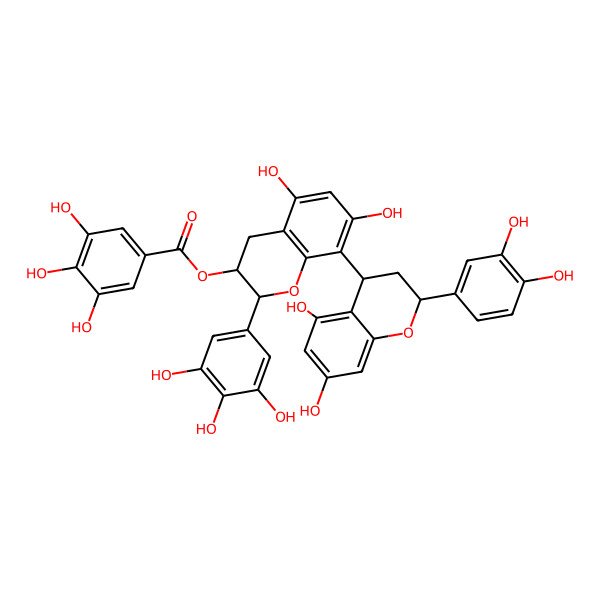 2D Structure of [(2R,3R)-8-[(2S,4R)-2-(3,4-dihydroxyphenyl)-5,7-dihydroxy-3,4-dihydro-2H-chromen-4-yl]-5,7-dihydroxy-2-(3,4,5-trihydroxyphenyl)-3,4-dihydro-2H-chromen-3-yl] 3,4,5-trihydroxybenzoate