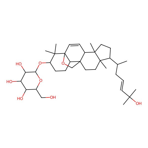 2D Structure of (2R,3S,4S,5R,6R)-2-(hydroxymethyl)-6-[[(1S,4S,5S,8R,9R,12S,13S,16S)-8-[(E,2R)-6-hydroxy-6-methylhept-4-en-2-yl]-5,9,17,17-tetramethyl-18-oxapentacyclo[10.5.2.01,13.04,12.05,9]nonadec-2-en-16-yl]oxy]oxane-3,4,5-triol