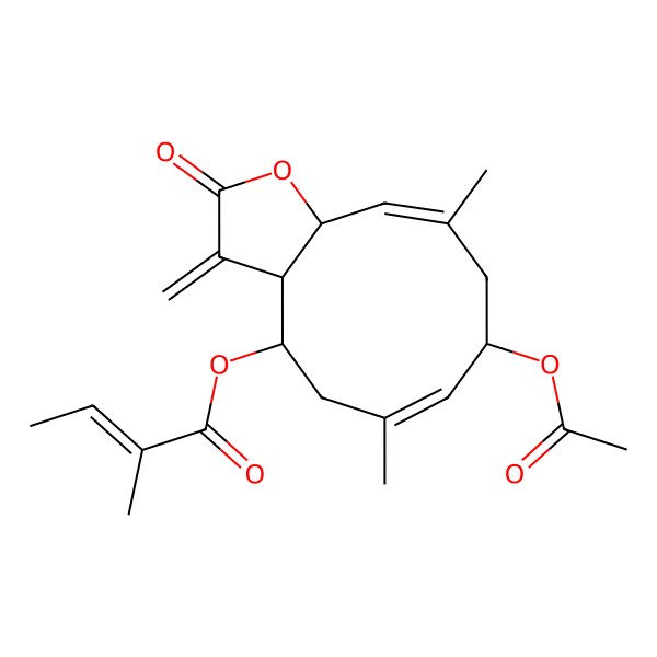 2D Structure of [(3aR,4R,6E,8R,10E,11aR)-8-acetyloxy-6,10-dimethyl-3-methylidene-2-oxo-3a,4,5,8,9,11a-hexahydrocyclodeca[b]furan-4-yl] (Z)-2-methylbut-2-enoate