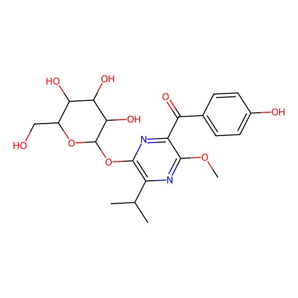 2D Structure of (4-Hydroxyphenyl)-[3-methoxy-5-propan-2-yl-6-[3,4,5-trihydroxy-6-(hydroxymethyl)oxan-2-yl]oxypyrazin-2-yl]methanone