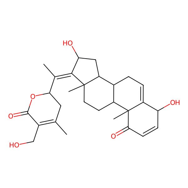 2D Structure of 2-[1-(4,16-dihydroxy-10,13-dimethyl-1-oxo-7,8,9,11,12,14,15,16-octahydro-4H-cyclopenta[a]phenanthren-17-ylidene)ethyl]-5-(hydroxymethyl)-4-methyl-2,3-dihydropyran-6-one
