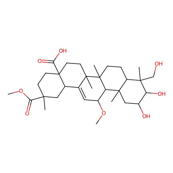 2D Structure of (2S,4aR,6aR,6aS,6bR,8aR,9R,10R,11S,12aS,13R,14bS)-10,11-dihydroxy-9-(hydroxymethyl)-13-methoxy-2-methoxycarbonyl-2,6a,6b,9,12a-pentamethyl-1,3,4,5,6,6a,7,8,8a,10,11,12,13,14b-tetradecahydropicene-4a-carboxylic acid