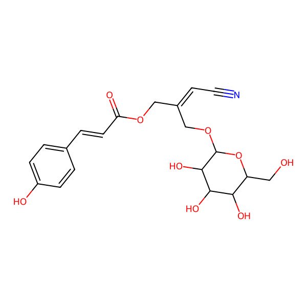 2D Structure of [3-Cyano-2-[[3,4,5-trihydroxy-6-(hydroxymethyl)oxan-2-yl]oxymethyl]prop-2-enyl] 3-(4-hydroxyphenyl)prop-2-enoate
