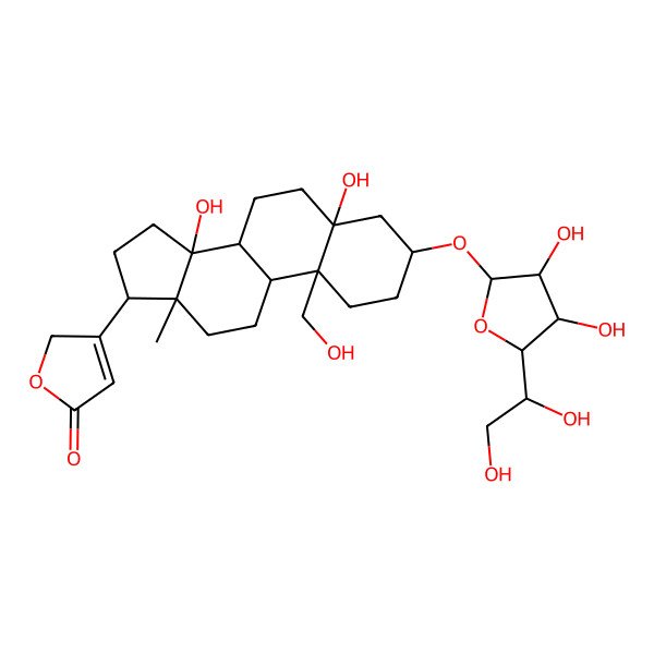 2D Structure of 3-[(3S,5S,8R,9S,10R,13R,14S,17R)-3-[(2R,3R,4S,5R)-5-[(1R)-1,2-dihydroxyethyl]-3,4-dihydroxyoxolan-2-yl]oxy-5,14-dihydroxy-10-(hydroxymethyl)-13-methyl-2,3,4,6,7,8,9,11,12,15,16,17-dodecahydro-1H-cyclopenta[a]phenanthren-17-yl]-2H-furan-5-one