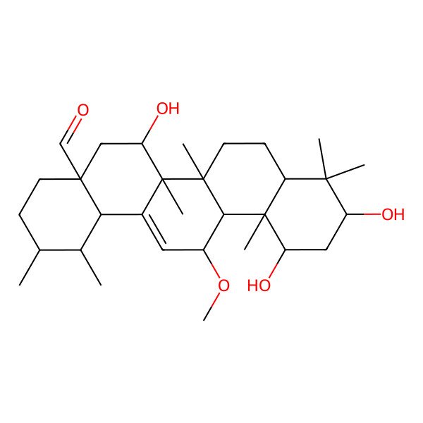 2D Structure of (1S,2R,4aS,6S,6aS,6bR,10S,12R,12aS,13R,14bS)-6,10,12-trihydroxy-13-methoxy-1,2,6a,6b,9,9,12a-heptamethyl-2,3,4,5,6,6a,7,8,8a,10,11,12,13,14b-tetradecahydro-1H-picene-4a-carbaldehyde