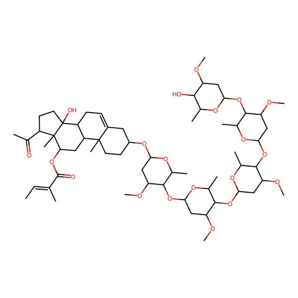 2D Structure of [17-Acetyl-14-hydroxy-3-[5-[5-[5-[5-(5-hydroxy-4-methoxy-6-methyloxan-2-yl)oxy-4-methoxy-6-methyloxan-2-yl]oxy-4-methoxy-6-methyloxan-2-yl]oxy-4-methoxy-6-methyloxan-2-yl]oxy-4-methoxy-6-methyloxan-2-yl]oxy-10,13-dimethyl-1,2,3,4,7,8,9,11,12,15,16,17-dodecahydrocyclopenta[a]phenanthren-12-yl] 2-methylbut-2-enoate