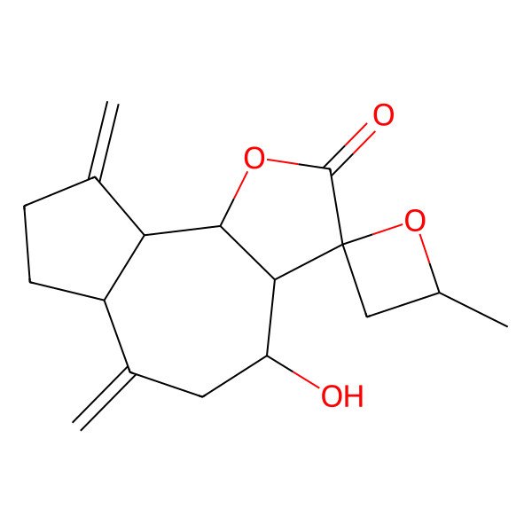 2D Structure of 4-Hydroxy-4'-methyl-6,9-dimethylidenespiro[3a,4,5,6a,7,8,9a,9b-octahydroazuleno[4,5-b]furan-3,2'-oxetane]-2-one