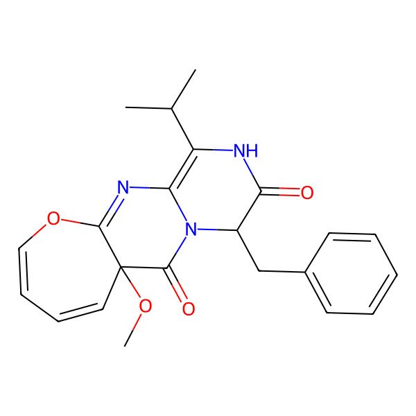 2D Structure of 7-Benzyl-10-methoxy-4-propan-2-yl-15-oxa-2,5,8-triazatricyclo[8.5.0.03,8]pentadeca-1,3,11,13-tetraene-6,9-dione