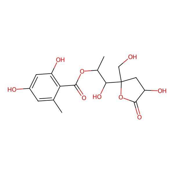 2D Structure of 1-Hydroxy-1-[tetrahydro-4-hydroxy-2-(hydroxymethyl)-5-oxofuran-2-yl]propan-2-yl 2,4-dihydroxy-6-methylbenzoate