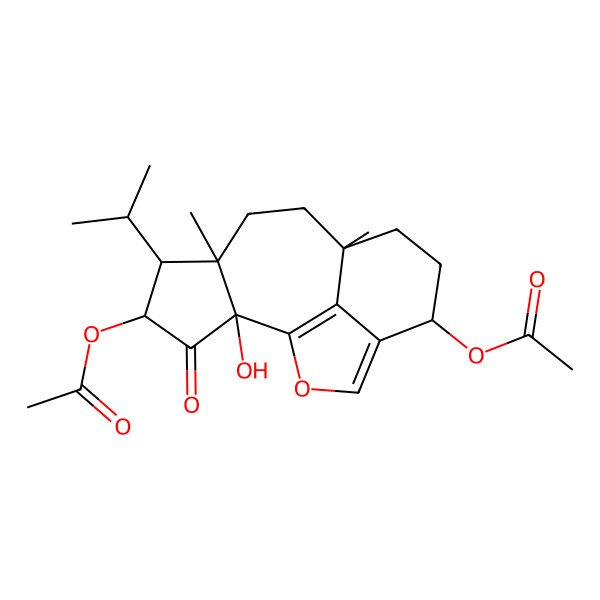 2D Structure of (4-Acetyloxy-2-hydroxy-6,9-dimethyl-3-oxo-5-propan-2-yl-15-oxatetracyclo[7.6.1.02,6.013,16]hexadeca-1(16),13-dien-12-yl) acetate