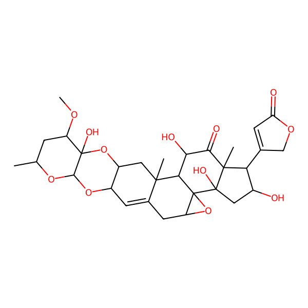 2D Structure of 3,7,9,23-tetrahydroxy-22-methoxy-1,5,20-trimethyl-6-(5-oxo-2H-furan-3-yl)-11,17,19,24-tetraoxaheptacyclo[12.12.0.02,10.05,9.010,12.016,25.018,23]hexacos-14-en-4-one