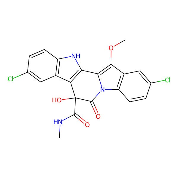 2D Structure of 7,17-dichloro-11-hydroxy-20-methoxy-N-methyl-12-oxo-3,13-diazapentacyclo[11.7.0.02,10.04,9.014,19]icosa-1(20),2(10),4(9),5,7,14(19),15,17-octaene-11-carboxamide