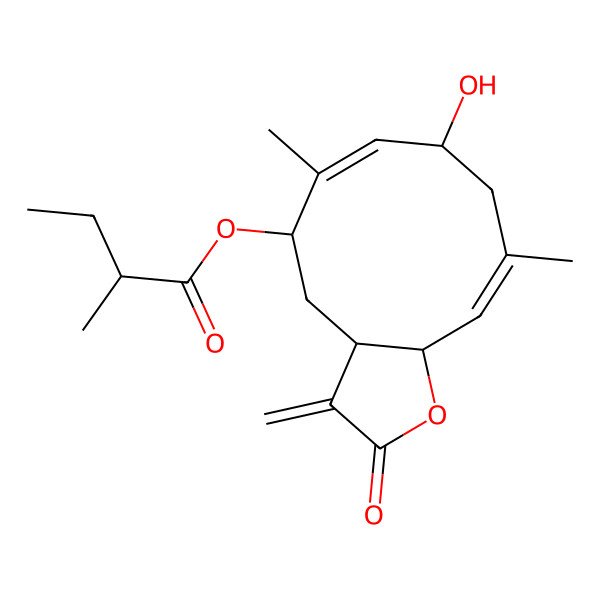 2D Structure of (8-Hydroxy-6,10-dimethyl-3-methylidene-2-oxo-3a,4,5,8,9,11a-hexahydrocyclodeca[b]furan-5-yl) 2-methylbutanoate