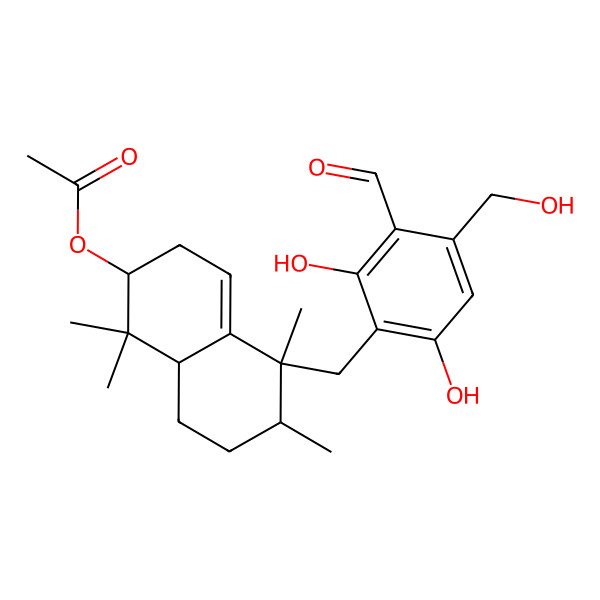 2D Structure of [5-[[3-Formyl-2,6-dihydroxy-4-(hydroxymethyl)phenyl]methyl]-1,1,5,6-tetramethyl-2,3,6,7,8,8a-hexahydronaphthalen-2-yl] acetate