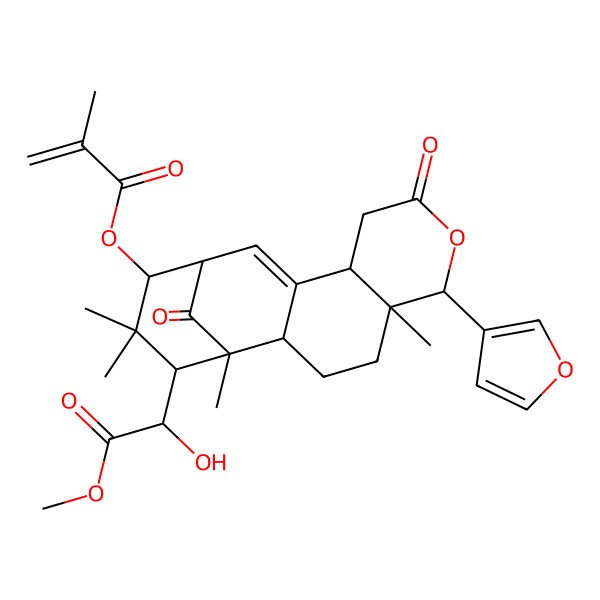 2D Structure of [(1R,2S,5R,6R,10S,13S,14R,16S)-6-(furan-3-yl)-16-[(1R)-1-hydroxy-2-methoxy-2-oxoethyl]-1,5,15,15-tetramethyl-8,17-dioxo-7-oxatetracyclo[11.3.1.02,11.05,10]heptadec-11-en-14-yl] 2-methylprop-2-enoate