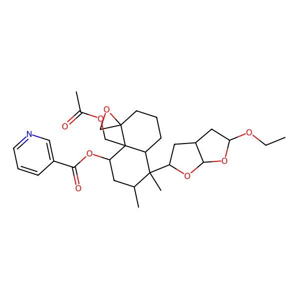 2D Structure of [8a-(acetyloxymethyl)-4-(5-ethoxy-2,3,3a,4,5,6a-hexahydrofuro[2,3-b]furan-2-yl)-3,4-dimethylspiro[2,3,4a,5,6,7-hexahydro-1H-naphthalene-8,2'-oxirane]-1-yl] pyridine-3-carboxylate