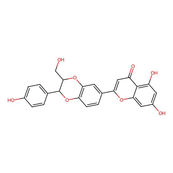 2D Structure of 5,7-Dihydroxy-2-[3-(hydroxymethyl)-2-(4-hydroxyphenyl)-2,3-dihydro-1,4-benzodioxin-6-yl]chromen-4-one