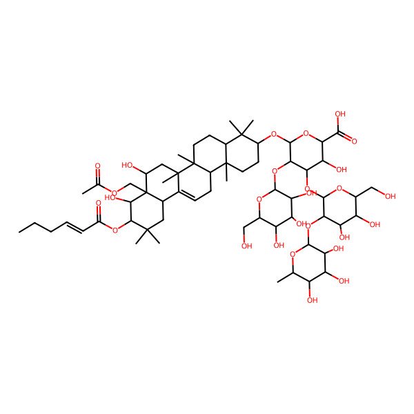 2D Structure of (2S,3S,4S,5R,6R)-6-[[(3S,4aR,6aR,6bS,8R,8aR,9R,10R,12aS,14aR,14bR)-8a-(acetyloxymethyl)-10-[(Z)-hex-2-enoyl]oxy-8,9-dihydroxy-4,4,6a,6b,11,11,14b-heptamethyl-1,2,3,4a,5,6,7,8,9,10,12,12a,14,14a-tetradecahydropicen-3-yl]oxy]-4-[(2S,3R,4S,5R,6R)-4,5-dihydroxy-6-(hydroxymethyl)-3-[(2S,3R,4R,5R,6S)-3,4,5-trihydroxy-6-methyloxan-2-yl]oxyoxan-2-yl]oxy-3-hydroxy-5-[(2S,3R,4S,5S,6R)-3,4,5-trihydroxy-6-(hydroxymethyl)oxan-2-yl]oxyoxane-2-carboxylic acid