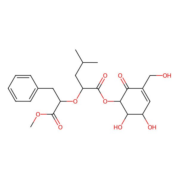 2D Structure of [5,6-Dihydroxy-3-(hydroxymethyl)-2-oxocyclohex-3-en-1-yl] 2-(1-methoxy-1-oxo-3-phenylpropan-2-yl)oxy-4-methylpentanoate
