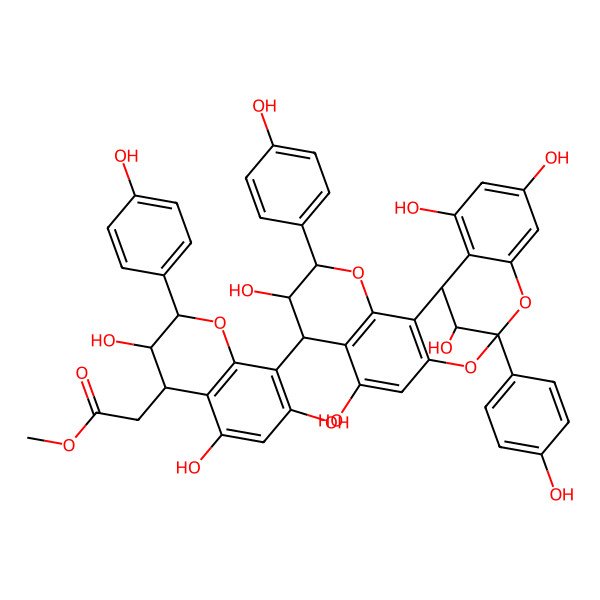 2D Structure of methyl 2-[3,5,7-trihydroxy-2-(4-hydroxyphenyl)-8-[6,9,17,19,21-pentahydroxy-5,13-bis(4-hydroxyphenyl)-4,12,14-trioxapentacyclo[11.7.1.02,11.03,8.015,20]henicosa-2(11),3(8),9,15,17,19-hexaen-7-yl]-3,4-dihydro-2H-chromen-4-yl]acetate