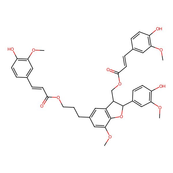 2D Structure of 3-[(2S,3R)-2-(4-hydroxy-3-methoxyphenyl)-3-[[(E)-3-(4-hydroxy-3-methoxyphenyl)prop-2-enoyl]oxymethyl]-7-methoxy-2,3-dihydro-1-benzofuran-5-yl]propyl (Z)-3-(4-hydroxy-3-methoxyphenyl)prop-2-enoate