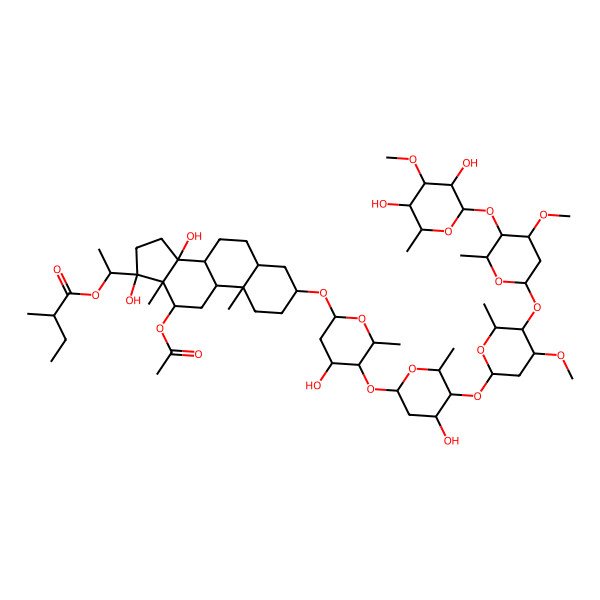 2D Structure of [(1S)-1-[(3S,5S,8R,9S,10S,12R,13S,14S,17S)-12-acetyloxy-3-[(2S,4S,5S)-5-[(2S,4S,5S,6R)-5-[(2S,4R,5R,6R)-5-[(2S,4R,5R,6R)-5-[(2S,3R,4S,5R,6R)-3,5-dihydroxy-4-methoxy-6-methyloxan-2-yl]oxy-4-methoxy-6-methyloxan-2-yl]oxy-4-methoxy-6-methyloxan-2-yl]oxy-4-hydroxy-6-methyloxan-2-yl]oxy-4-hydroxy-6-methyloxan-2-yl]oxy-14,17-dihydroxy-10,13-dimethyl-2,3,4,5,6,7,8,9,11,12,15,16-dodecahydro-1H-cyclopenta[a]phenanthren-17-yl]ethyl] (2R)-2-methylbutanoate