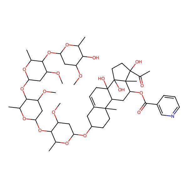 2D Structure of [17-Acetyl-8,14,17-trihydroxy-3-[5-[5-[5-(5-hydroxy-4-methoxy-6-methyloxan-2-yl)oxy-4-methoxy-6-methyloxan-2-yl]oxy-4-methoxy-6-methyloxan-2-yl]oxy-4-methoxy-6-methyloxan-2-yl]oxy-10,13-dimethyl-1,2,3,4,7,9,11,12,15,16-decahydrocyclopenta[a]phenanthren-12-yl] pyridine-3-carboxylate