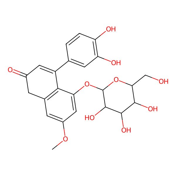 2D Structure of 4-(3,4-dihydroxyphenyl)-7-methoxy-5-[(3R,4S,5S,6R)-3,4,5-trihydroxy-6-(hydroxymethyl)oxan-2-yl]oxy-1H-naphthalen-2-one