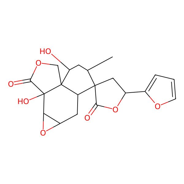 2D Structure of (1R,5R,5'S,6S,8S,10S,11R,12S,14S)-5'-(furan-2-yl)-5,14-dihydroxy-12-methylspiro[3,7-dioxatetracyclo[8.4.0.01,5.06,8]tetradecane-11,3'-oxolane]-2',4-dione