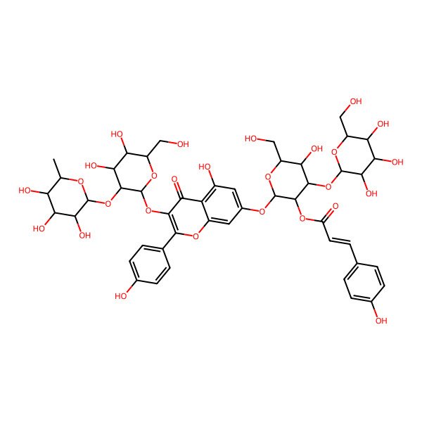 2D Structure of [2-[3-[4,5-Dihydroxy-6-(hydroxymethyl)-3-(3,4,5-trihydroxy-6-methyloxan-2-yl)oxyoxan-2-yl]oxy-5-hydroxy-2-(4-hydroxyphenyl)-4-oxochromen-7-yl]oxy-5-hydroxy-6-(hydroxymethyl)-4-[3,4,5-trihydroxy-6-(hydroxymethyl)oxan-2-yl]oxyoxan-3-yl] 3-(4-hydroxyphenyl)prop-2-enoate