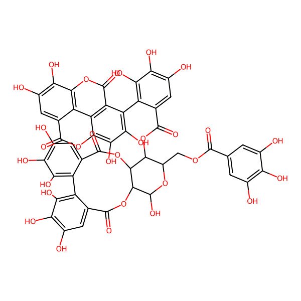 2D Structure of [3,4,5,11,20,21,22-Heptahydroxy-8,17-dioxo-13-[(3,4,5-trihydroxybenzoyl)oxymethyl]-9,12,16-trioxatetracyclo[16.4.0.02,7.010,15]docosa-1(22),2,4,6,18,20-hexaen-14-yl] 3,4,5-trihydroxy-2-(6,7,13,14-tetrahydroxy-3,10-dioxo-2,9-dioxatetracyclo[6.6.2.04,16.011,15]hexadeca-1(15),4(16),5,7,11,13-hexaen-5-yl)benzoate
