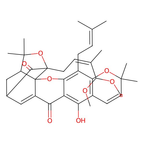 2D Structure of 19-(4,4-Dimethoxy-3-methylbut-2-enyl)-12-hydroxy-8,8,21,21-tetramethyl-5-(3-methylbut-2-enyl)-3,7,20-trioxahexacyclo[15.4.1.02,15.02,19.04,13.06,11]docosa-4(13),5,9,11,15-pentaene-14,18-dione