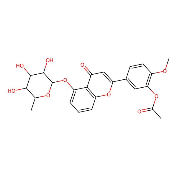 2D Structure of [2-methoxy-5-[4-oxo-5-[(2R,3R,4R,5R,6S)-3,4,5-trihydroxy-6-methyloxan-2-yl]oxychromen-2-yl]phenyl] acetate