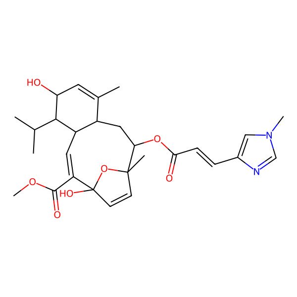 2D Structure of Methyl 1,6-dihydroxy-8,12-dimethyl-11-[3-(1-methylimidazol-4-yl)prop-2-enoyloxy]-5-propan-2-yl-15-oxatricyclo[10.2.1.04,9]pentadeca-2,7,13-triene-2-carboxylate