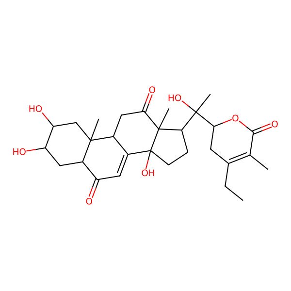 2D Structure of (2S,3S,5R,9R,10R,13R,14R,17S)-17-[(1R)-1-[(2R)-4-ethyl-5-methyl-6-oxo-2,3-dihydropyran-2-yl]-1-hydroxyethyl]-2,3,14-trihydroxy-10,13-dimethyl-1,2,3,4,5,9,11,15,16,17-decahydrocyclopenta[a]phenanthrene-6,12-dione