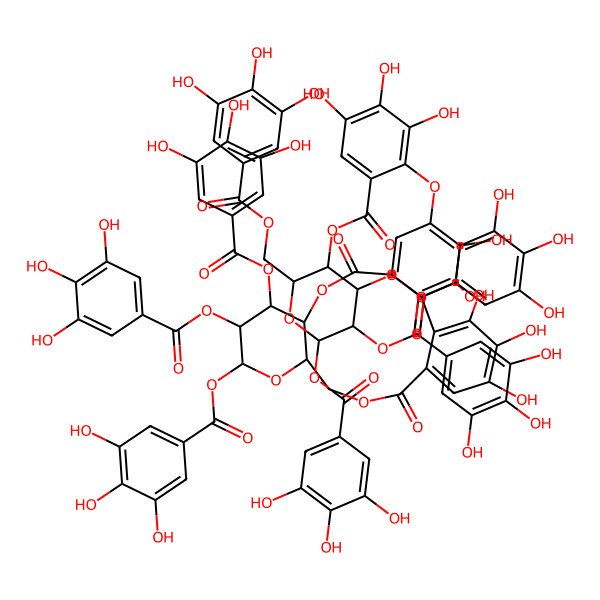 2D Structure of beta-D-Glucopyranose, cyclic 4.fwdarw.2':6.fwdarw.2-[(1S)-4-(6-carboxy-2,3,4-trihydroxyphenoxy)-4',5,5',6,6'-pentahydroxy[1,1'-biphenyl]-2,2'-dicarboxylate] 1,2,3-tris(3,4,5-trihydroxybenzoate), 4-ester with beta-D-glucopyranose 1,2,3,6-tetrakis(3,4,5-trihydroxybenzoate)