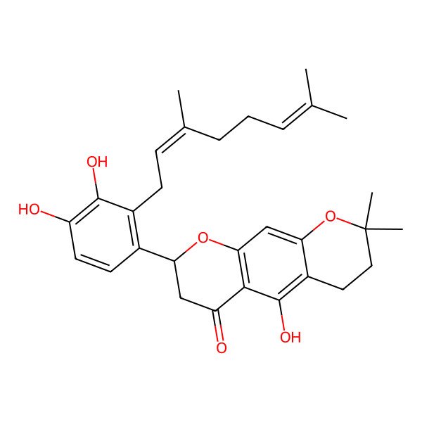 2D Structure of (8S)-8-[2-(3,7-dimethylocta-2,6-dienyl)-3,4-dihydroxyphenyl]-5-hydroxy-2,2-dimethyl-3,4,7,8-tetrahydropyrano[3,2-g]chromen-6-one