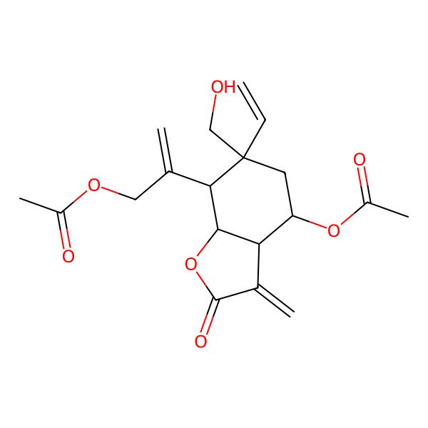 2D Structure of 2-[(3aR,4S,6R,7S,7aR)-4-acetyloxy-6-ethenyl-6-(hydroxymethyl)-3-methylidene-2-oxo-4,5,7,7a-tetrahydro-3aH-1-benzofuran-7-yl]prop-2-enyl acetate
