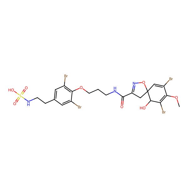 2D Structure of 2-[3,5-dibromo-4-[3-[[(5S,6R)-7,9-dibromo-6-hydroxy-8-methoxy-1-oxa-2-azaspiro[4.5]deca-2,7,9-triene-3-carbonyl]amino]propoxy]phenyl]ethylsulfamic acid