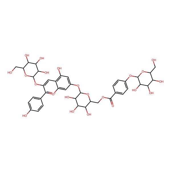 2D Structure of [(2R,3S,4S,5R,6S)-3,4,5-trihydroxy-6-[5-hydroxy-2-(4-hydroxyphenyl)-3-[(2S,3R,4S,5S,6R)-3,4,5-trihydroxy-6-(hydroxymethyl)oxan-2-yl]oxychromenylium-7-yl]oxyoxan-2-yl]methyl 4-[(2S,3R,4S,5S,6R)-3,4,5-trihydroxy-6-(hydroxymethyl)oxan-2-yl]oxybenzoate