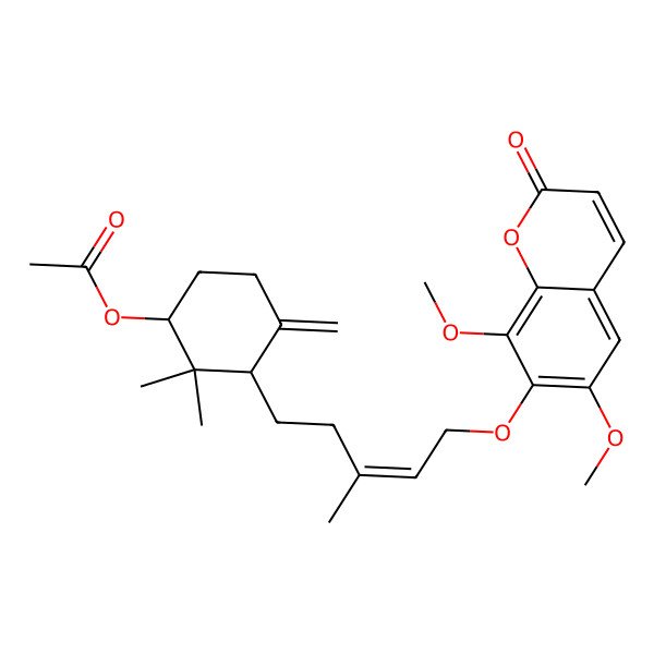 2D Structure of [(1R,3S)-3-[(E)-5-(6,8-dimethoxy-2-oxochromen-7-yl)oxy-3-methylpent-3-enyl]-2,2-dimethyl-4-methylidenecyclohexyl] acetate